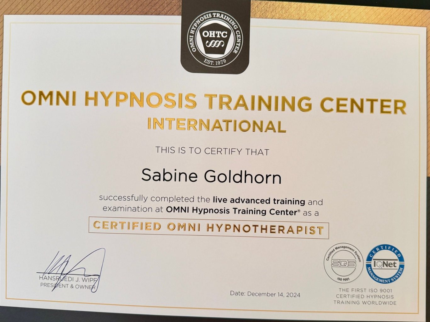 Zertifikat für Sabine Goldhorn vom Omni Hypnosis Training Center International.